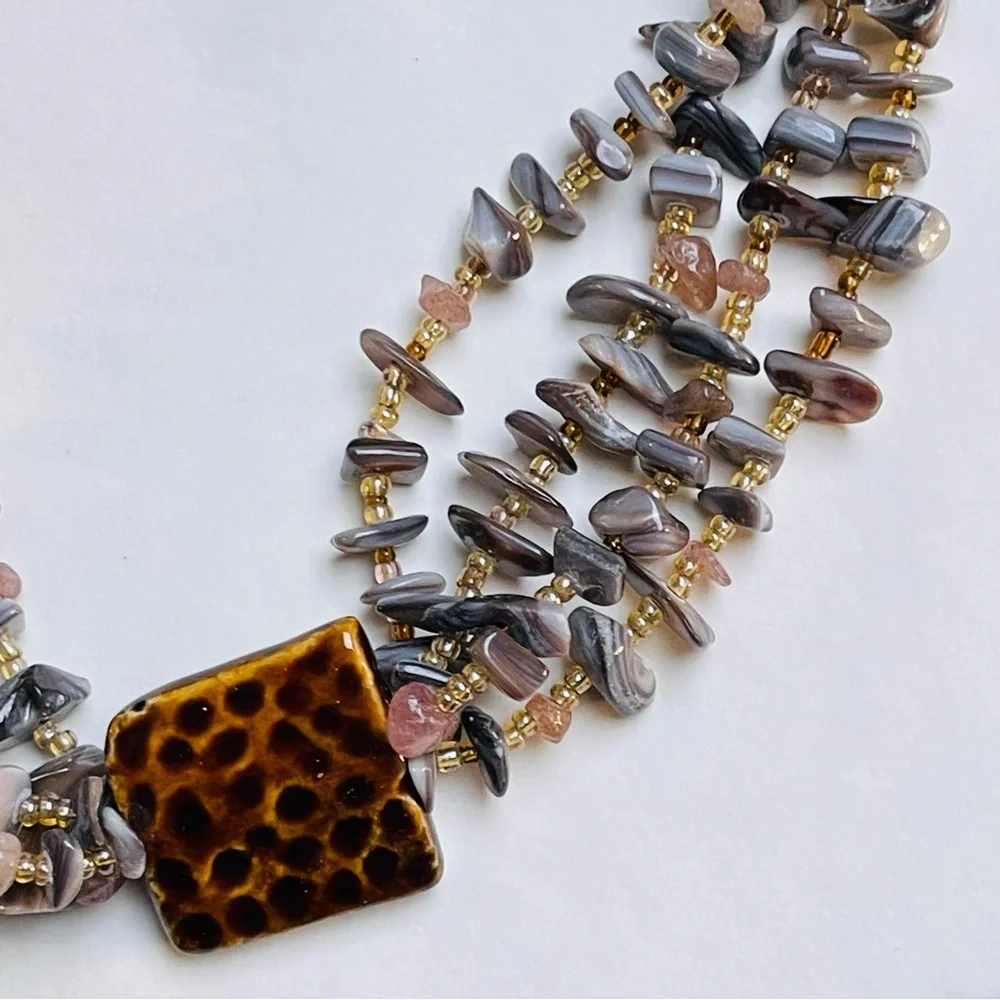 Multi Strand Jasper Chips Necklace CJ Stamped Statement Party Boho Festival